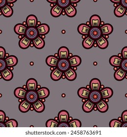 Seamless floral pattern with stylized flowers. Folk style. On gray background.