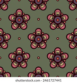 Seamless floral pattern with stylized flowers. Folk style. On green background.