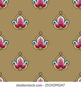 Patrón floral sin fisuras con flores estilizadas. Estilo folclórico ruso medieval.  Sobre fondo de oro amarillo.