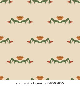 Seamless floral pattern with stylized flowers. Texture with blooming branches. Folk style. Red blossom on light background.