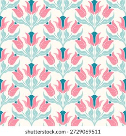 Patrón floral sin fisuras con flores estilizadas y hojas en colores pastel retro. Ideal para tela, Fondo de pantalla, papelería y diseño de superficies.