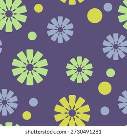 Seamless floral pattern with stylized flowers and geometric shapes on a dark background. Modern flat vector design suitable for fabric, wallpaper, packaging, stationery, textile prints, and decorative surface design.