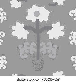 Seamless  floral pattern, stylized flowers, branches, spots, doodle, spirals, vase. Hand drawn.