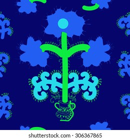 Seamless  floral pattern, stylized flowers, branches, spots, doodle, spirals, vase. Hand drawn.