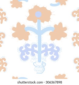 Seamless  floral pattern, stylized flowers, branches, spots, doodle, spirals, vase. Hand drawn.