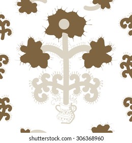 Seamless  floral pattern, stylized flowers, branches, spots, doodle, spirals, vase. Hand drawn.
