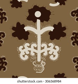 Seamless  floral pattern, stylized flowers, branches, spots, doodle, spirals, vase. Hand drawn.