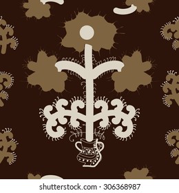 Seamless  floral pattern, stylized flowers, branches, spots, doodle, spirals, vase. Hand drawn.