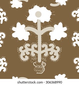 Seamless  floral pattern, stylized flowers, branches, spots, doodle, spirals, vase. Hand drawn.