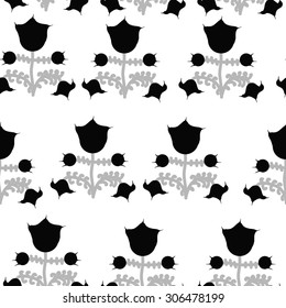 Seamless  floral pattern, stylized flowers, branches, spots, doodle,Ukrainian folklore . Hand drawn.