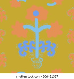 Seamless  floral pattern, stylized flowers, branches, spots, doodle, spirals, vase. Hand drawn, Ukrainian folklore.
