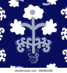 Seamless  floral pattern, stylized flowers, branches, spots, doodle, spirals, vase. Hand drawn, Ukrainian folklore.