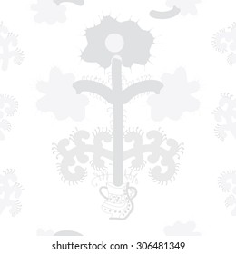 Seamless  floral pattern, stylized flowers, branches, spots, doodle, spirals, vase. Hand drawn, Ukrainian folklore.