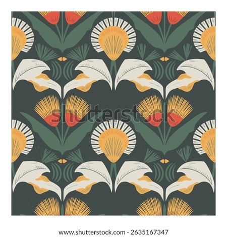 Seamless floral pattern with stylized flowers, leaves, and abstract elements on a dark green background. Perfect for textile design, wallpaper, or surface pattern applications.