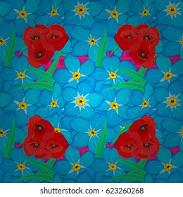 Seamless floral pattern with stylized forget-me-not flowers on a magenta background. Vector illustration.