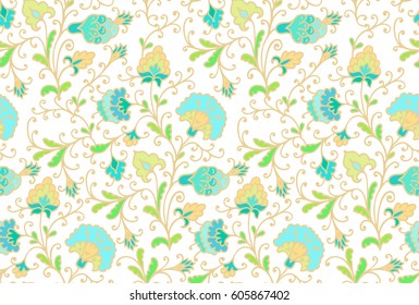 Seamless floral pattern with stylized garden flowers, on white background