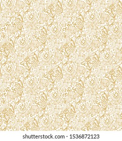 Seamless floral pattern with stylized golden flowers, on white background, indian style