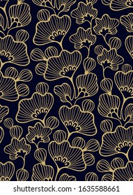 Seamless floral pattern with stylized golden flowers, on dark background, indian style