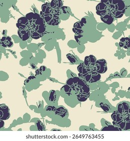 Seamless floral pattern with stylized green leaves and dark violet flowers on a cream background. Elegant and vintage-inspired design.

