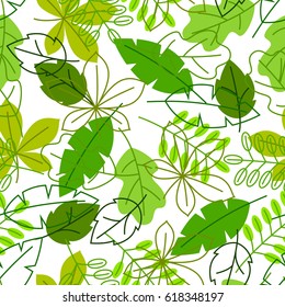 Seamless floral pattern with stylized green leaves. Spring or summer foliage.
