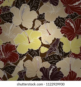 Seamless floral pattern with stylized hibiscus flowers in brown, red and beige colors. Vector illustration.