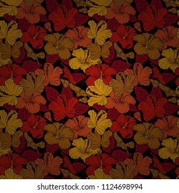 Seamless floral pattern with stylized hibiscus flowers in red, black and brown colors. Vector illustration.