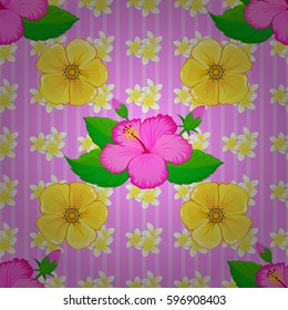 Seamless floral pattern with stylized hibiscus flowers on a pink background. Vector illustration.