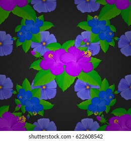 Seamless floral pattern with stylized hibiscus flowers on a gray background. Vector illustration.