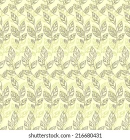 seamless floral pattern with stylized leaves, brown and green outline on ocher background
