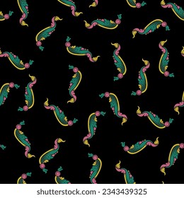 Seamless floral pattern with stylized leaves. Russian medieval folk motif. On black background.