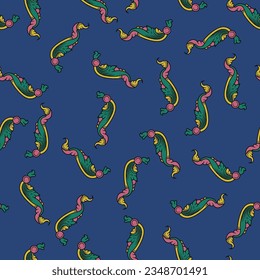 Seamless floral pattern with stylized leaves. Russian medieval folk motif. On blue background.