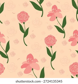 Padrão floral perfeito com folhas estilizadas e flores.Elementos para impressão, tecido, papel de parede e fundos.Ilustração vetor