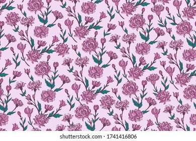 Seamless floral pattern with stylized lilac- pink chrysanthemum flowers