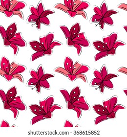 Nahtlose Blumenmuster mit stilisierten Lilien.  Rote Farbe. Endlose Textur für Ihr Design, romantische Grußkarten, Ankündigungen, Stoffe.