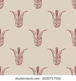 Seamless floral pattern with stylized lily or tulip flowers. Hand drawn rough doodle sketches. Red silhouettes on light pink background.