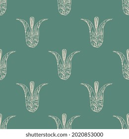 Nahtlose Blumenmuster mit stylisierten Lilien- oder Tulpenblumen. Handgezeichnete raue Doodle-Skizzen. Weiße Silhouetten auf grünem Hintergrund.