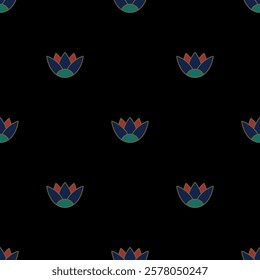 Seamless floral pattern with stylized lotus flowers. Ancient Egyptian ethnic motif. On black background.