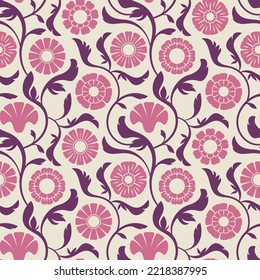 Seamless floral pattern with stylized pink little flowers. Retro style flowering twigs with a simple graphic outline. Vector illustration to be used for textile, wrapping, and decorative design.