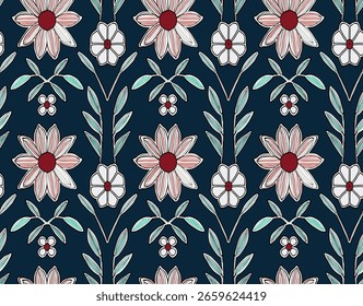 Patrón Floral Sin Costuras Con Flores Estilizadas De Rosa Y Blanco Y Hojas Verdes Sobre Un Fondo Azul Oscuro.