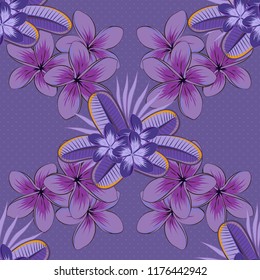 Seamless floral pattern with stylized plumeria flowers in blue, violet and brown colors. Vector illustration.