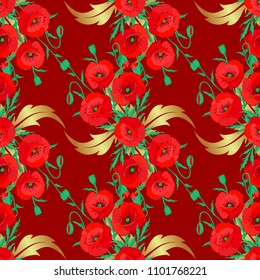 Seamless floral pattern with stylized poppy flowers on a red background. Vector illustration.