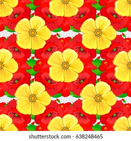 Seamless floral pattern with stylized poppy flowers on a gray background. Vector illustration.