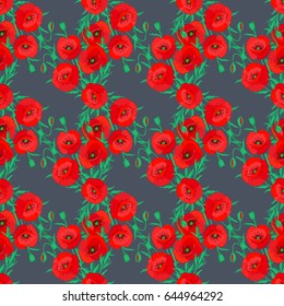 Seamless floral pattern with stylized poppy flowers on a gray background. Vector illustration.