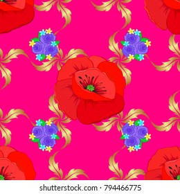 Seamless floral pattern with stylized poppy flowers in magenta, red and violet colors. Vector illustration.