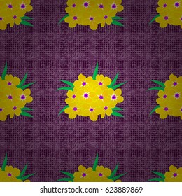 Seamless floral pattern with stylized primula flowers on a purple background. Vector illustration.
