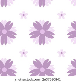Seamless floral pattern with stylized purple and lilac flowers resembling daisies, perfect for fabric, wrapping paper, wallpaper and digital backgrounds. Soft pastel color palette, simple and elegant 