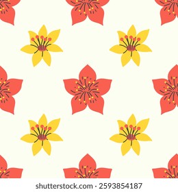 Seamless floral pattern with stylized red and yellow flowers with simple, bold lines on a light background