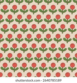 Seamless floral pattern with stylized red flowers and green leaves in flat vector design. Perfect for fabric prints, wrapping paper, wallpaper, scrapbooking. Vintage aesthetic. Cute retro style