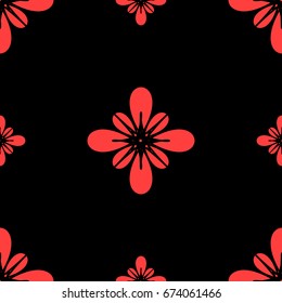 Seamless floral pattern. Stylized red flowers on black background. For web or textile design. Vector