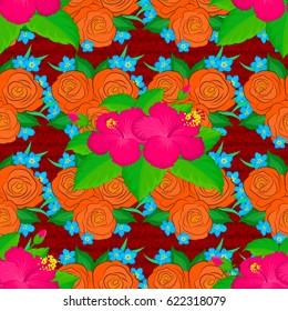 Seamless floral pattern with stylized rose flowers and green leaves on a red background. Vector illustration.
